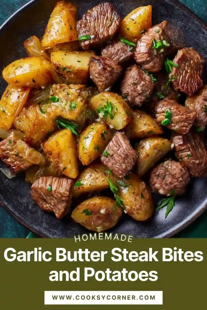 Garlic butter steak bites and potatoes cooked in a cast iron skillet until golden and juicy.