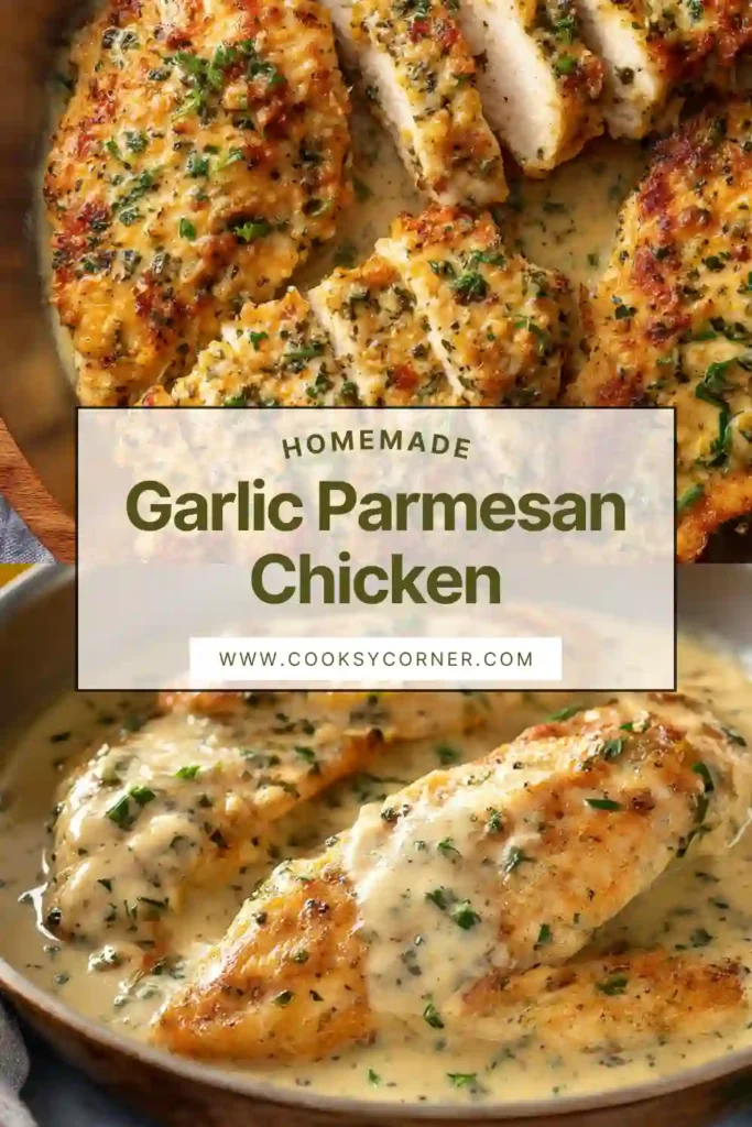 Garlic Parmesan Chicken in a skillet with creamy sauce and parsley garnish.
