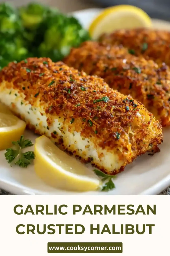 Close-up of garlic parmesan halibut with crispy crust and lemon. A quick baked fish recipe.