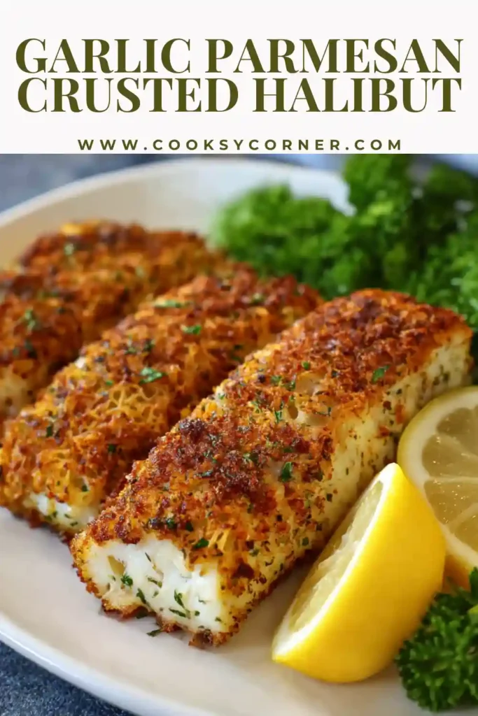 Parmesan crusted halibut fillet with garlic and herbs served fresh from the oven. A simple seafood dinner.