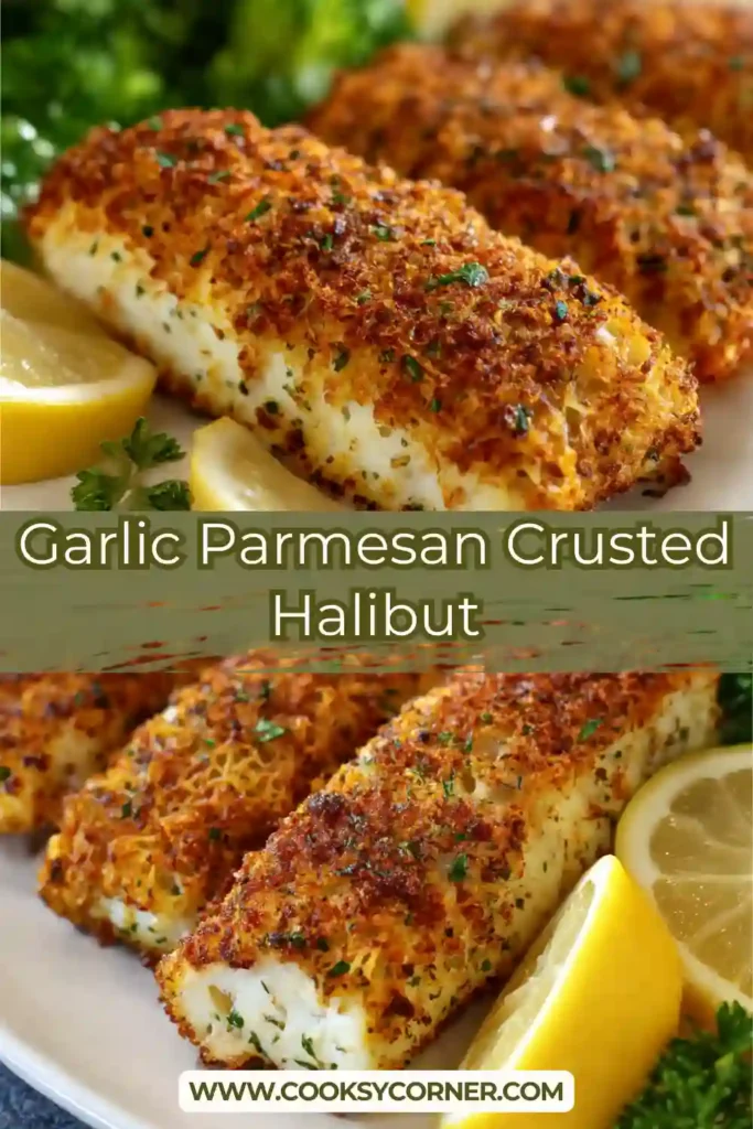 Garlic parmesan crusted halibut baked until golden and flaky. This easy oven baked halibut recipe is full of flavor.