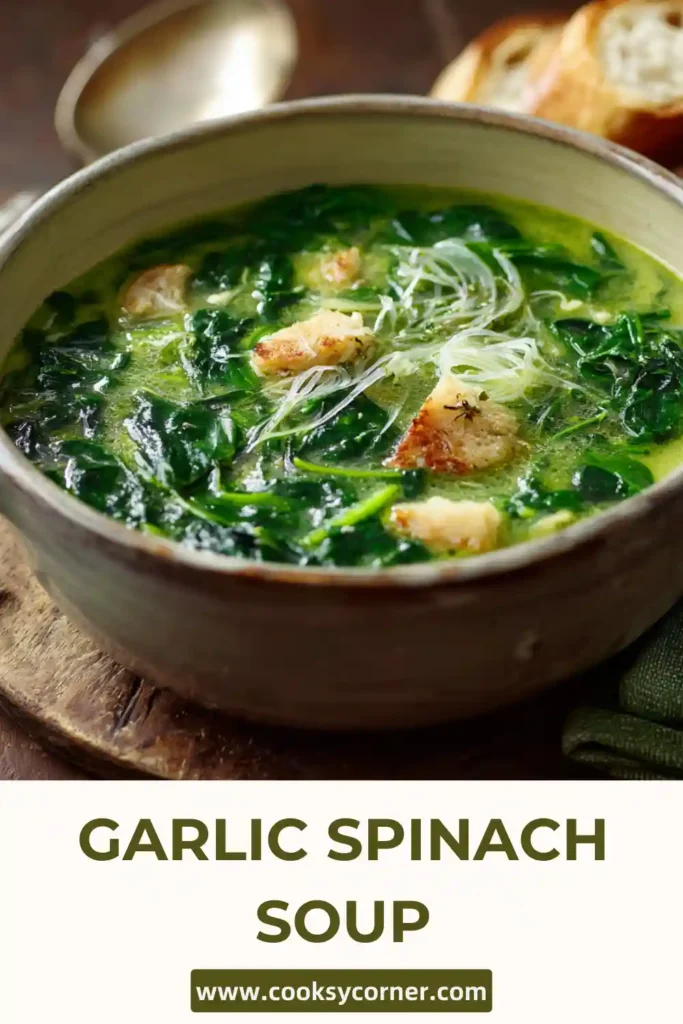 Garlic Spinach Soup served in a white bowl with visible ginger, zucchini, and translucent noodles.