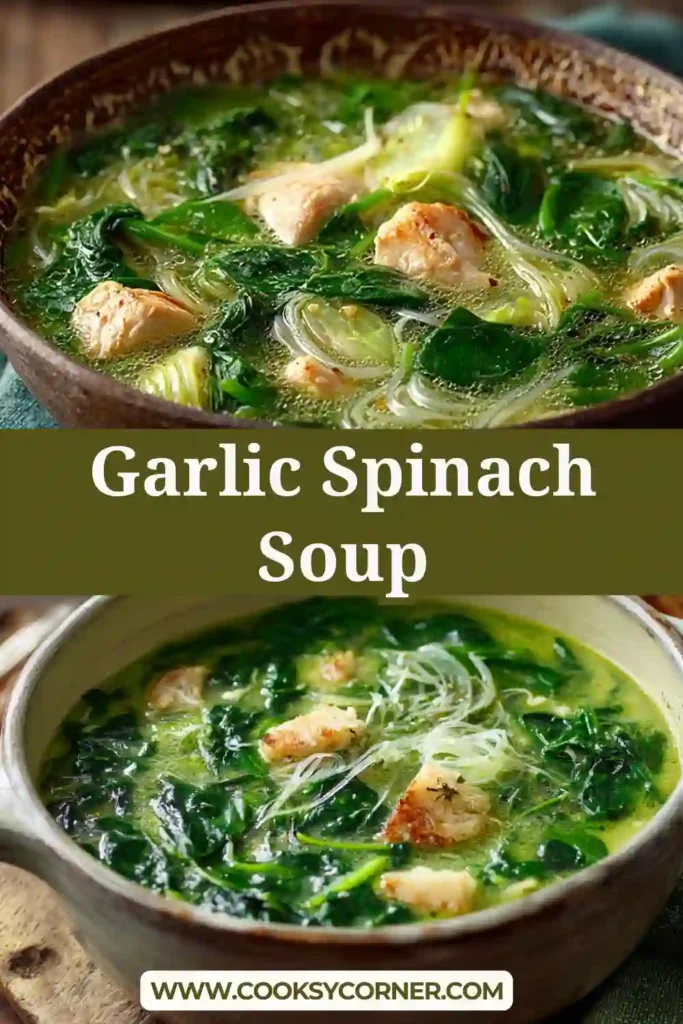 Close-up of healthy Garlic Spinach Soup with tender chicken pieces and vibrant green spinach in a light broth.