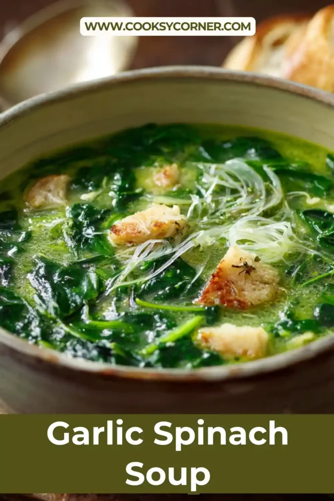 Bowl of Garlic Spinach Soup with chicken, zucchini, and cellophane noodles in a clear broth. Fresh spinach leaves are wilted throughout the soup.