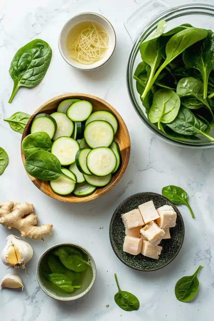 Steaming bowl of chicken spinach soup with fresh garlic and ginger flavors in a clear nourishing broth.