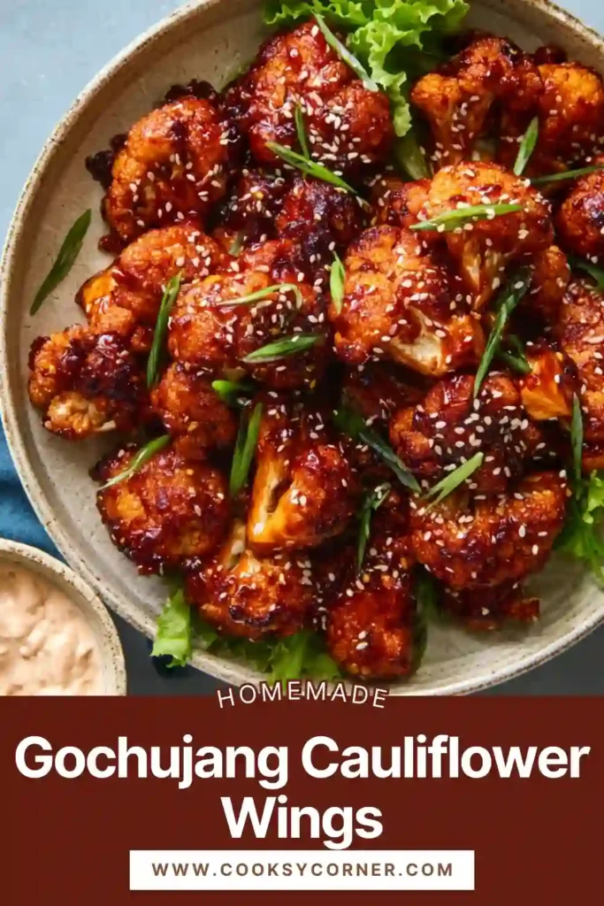 Oven-baked Gochujang Cauliflower Wings with sticky red glaze and crunchy edges. A flavorful vegan alternative to traditional wings.