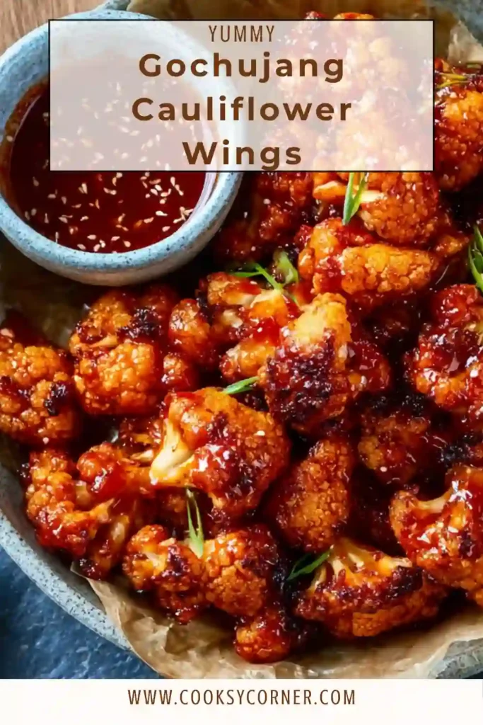 Close-up of spicy Gochujang Cauliflower Wings topped with sesame seeds and scallions. A plant-based Korean-style snack.