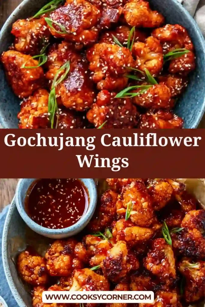 Vegan Gochujang Cauliflower Wings fresh from the oven, crispy and coated in sweet chili sauce. Served with creamy dipping sauce.