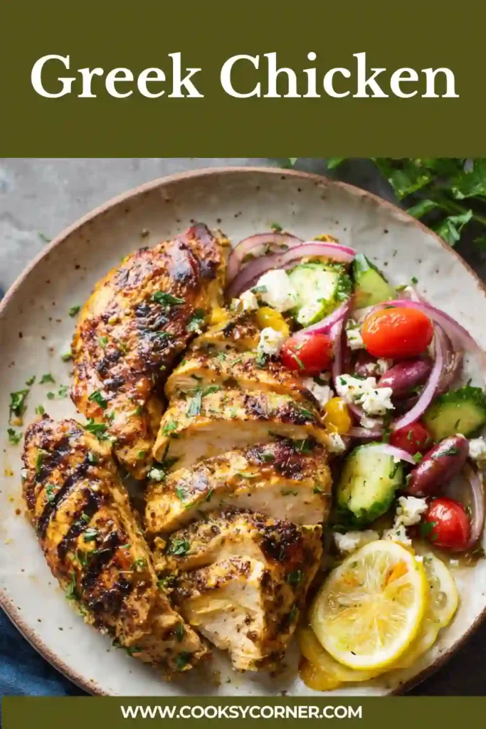 Greek Chicken resting on a cutting board after grilling, garnished with oregano and lemon zest. The texture appears moist and flavorful.