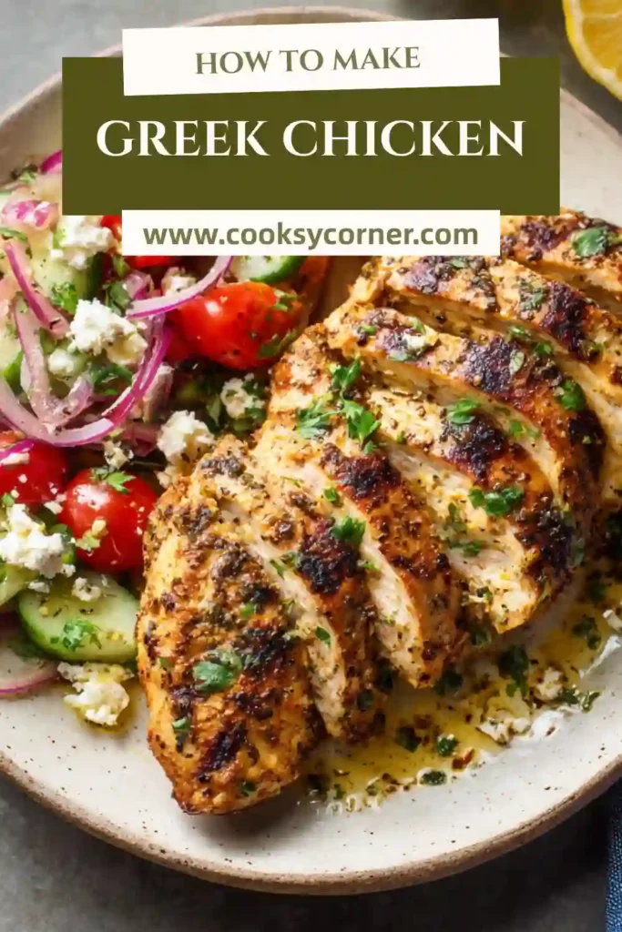 Close-up of Mediterranean Greek Chicken marinated in lemon and garlic, showing charred grill marks and glossy olive oil coating.
