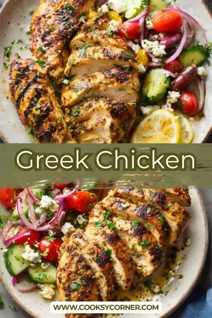 Grilled Greek Chicken breasts sliced and served with lemon wedges and fresh herbs on a white plate. The chicken is golden with light grill marks and looks juicy and tender.