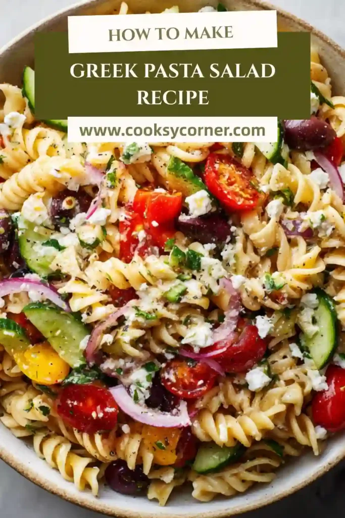 Easy Greek Pasta Salad featuring rotini pasta, red bell peppers, olives, and homemade lemon dressing.
