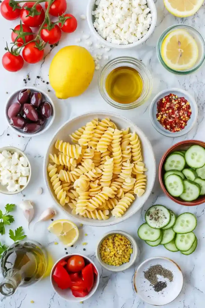 Fresh summer pasta salad with cucumber, tomatoes, feta, and olive oil lemon dressing in a serving bowl.