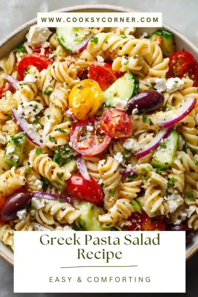 Greek Pasta Salad served in a large bowl with rotini, cherry tomatoes, cucumber, Kalamata olives, and crumbled feta tossed in lemon olive oil dressing.