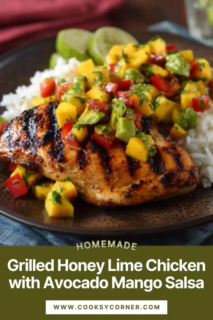 Juicy grilled chicken breast with fresh mango, avocado, and cilantro salsa.