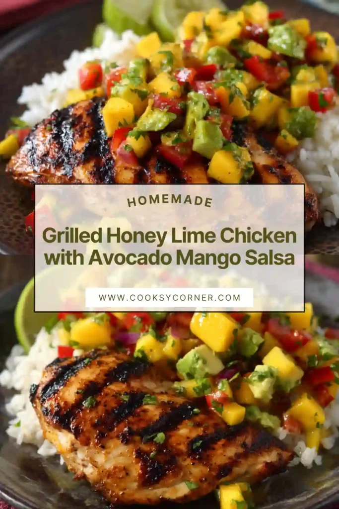 Grilled Honey Lime Chicken topped with avocado mango salsa on a white plate.