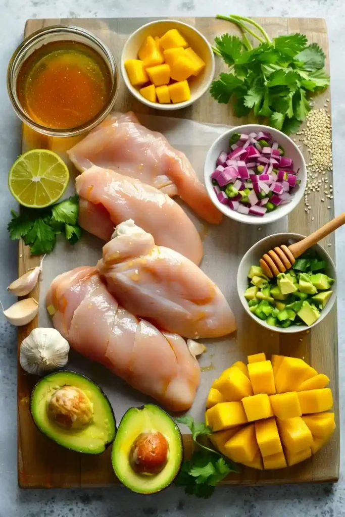Close-up of grilled chicken with vibrant avocado mango salsa and lime wedges.
