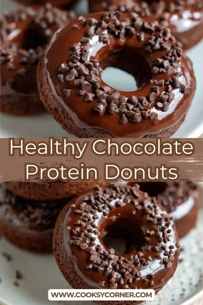 Healthy Chocolate Protein Donuts topped with glossy dark chocolate glaze on a cooling rack. These gluten free, paleo donuts are made with almond flour and hemp protein.