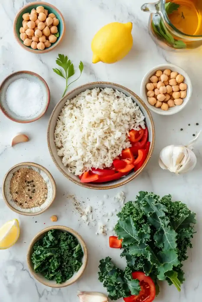 Vegetarian Mediterranean rice and beans topped with feta and olives.