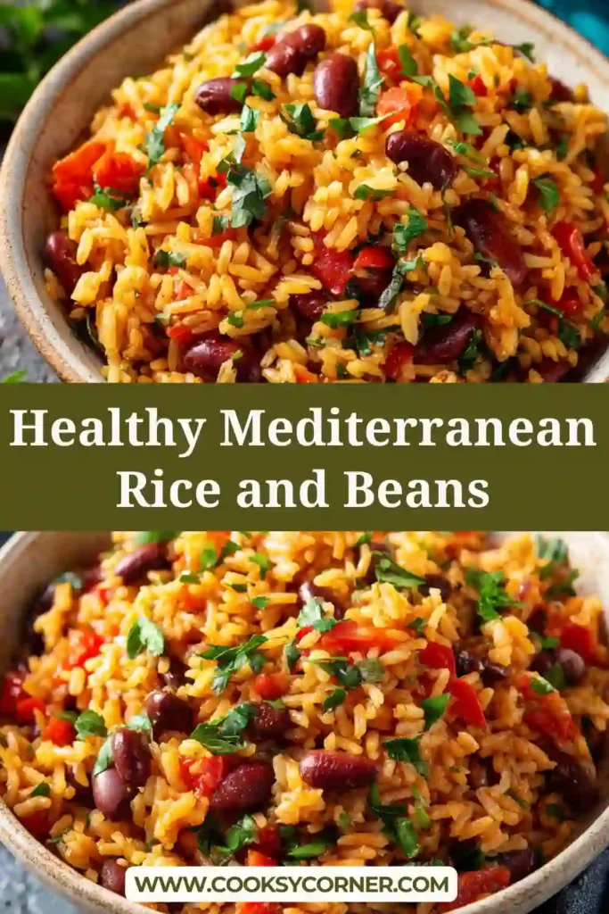 One pot Mediterranean rice and beans with bell peppers and parsley garnish.