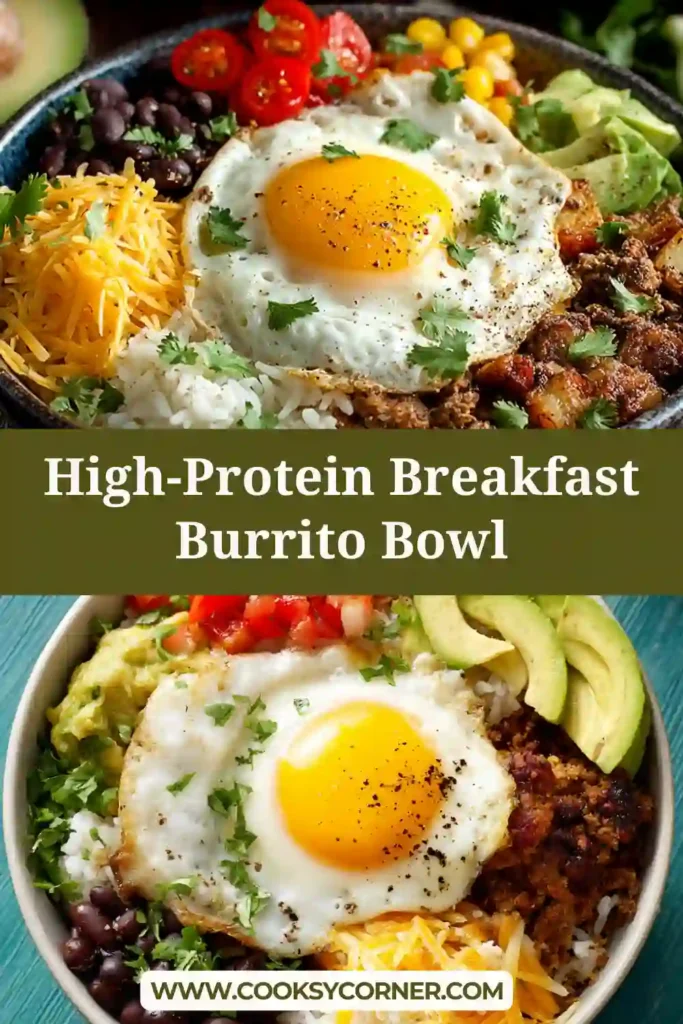 A high-protein breakfast burrito bowl made with eggs, quinoa, black beans, avocado, and fresh vegetables in a bowl. This healthy breakfast bowl is colorful and filling.