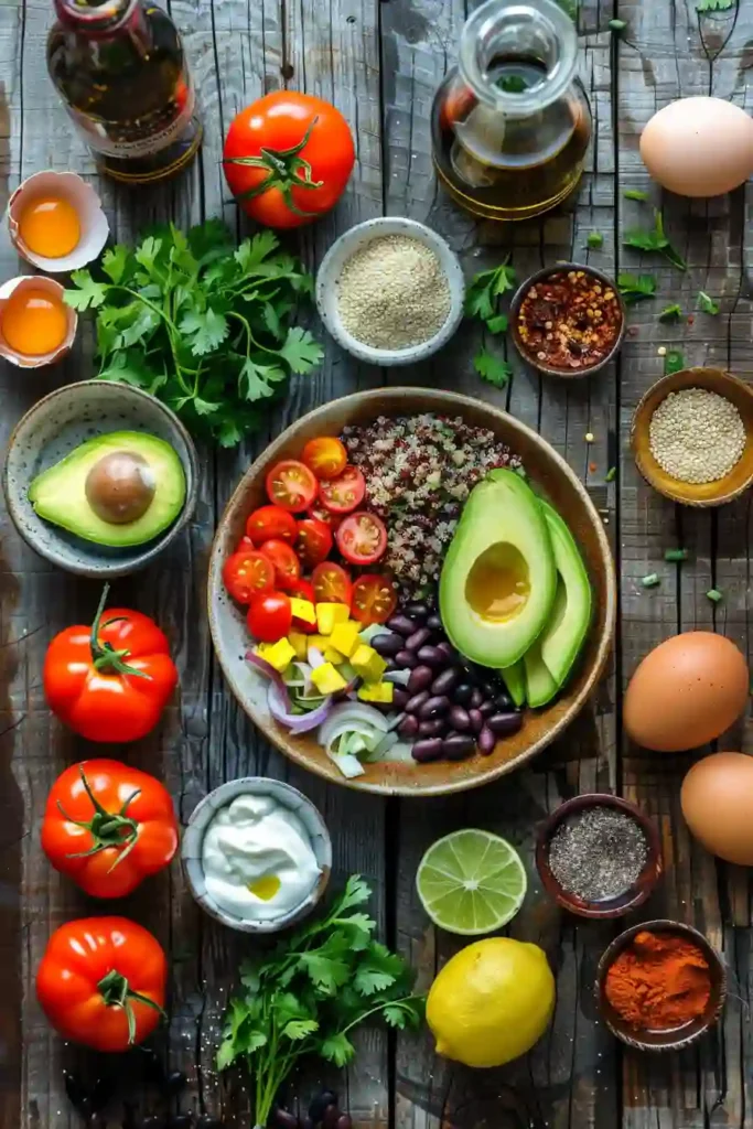 Freshly prepared high-protein breakfast burrito bowl featuring eggs, grains, and vegetables with creamy yogurt and lime.