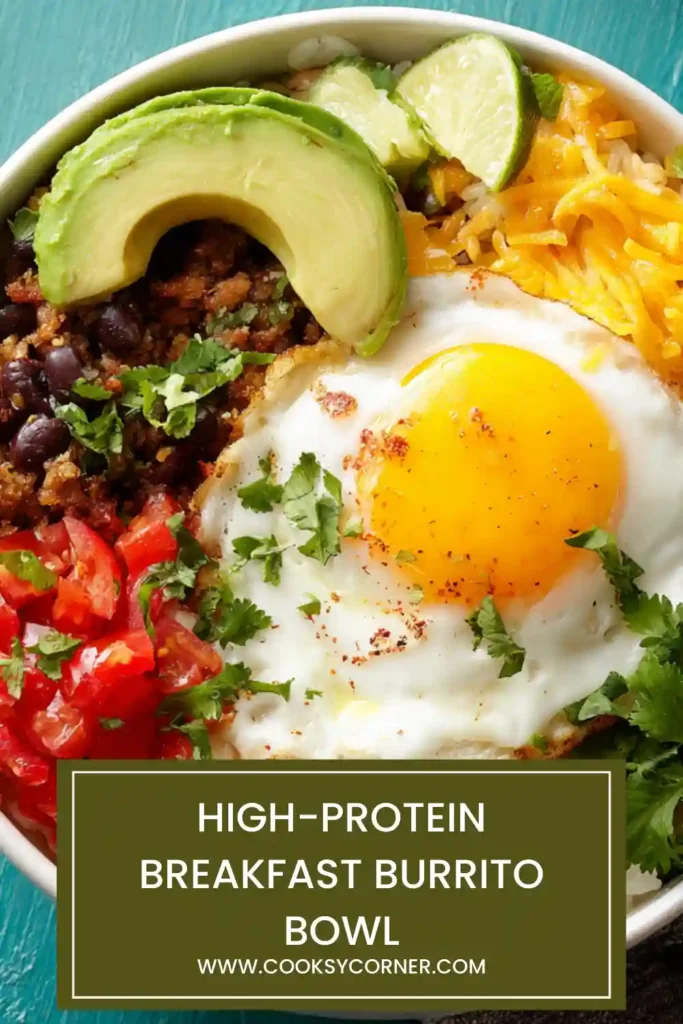 Healthy high-protein breakfast burrito bowl topped with scrambled eggs, Greek yogurt, avocado slices, and cherry tomatoes. Perfect for a nutritious morning meal.