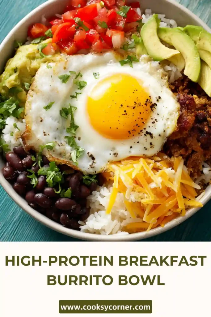 Protein-packed breakfast bowl with quinoa, eggs, black beans, and fresh herbs served in a white bowl. Ideal for clean eating breakfasts.