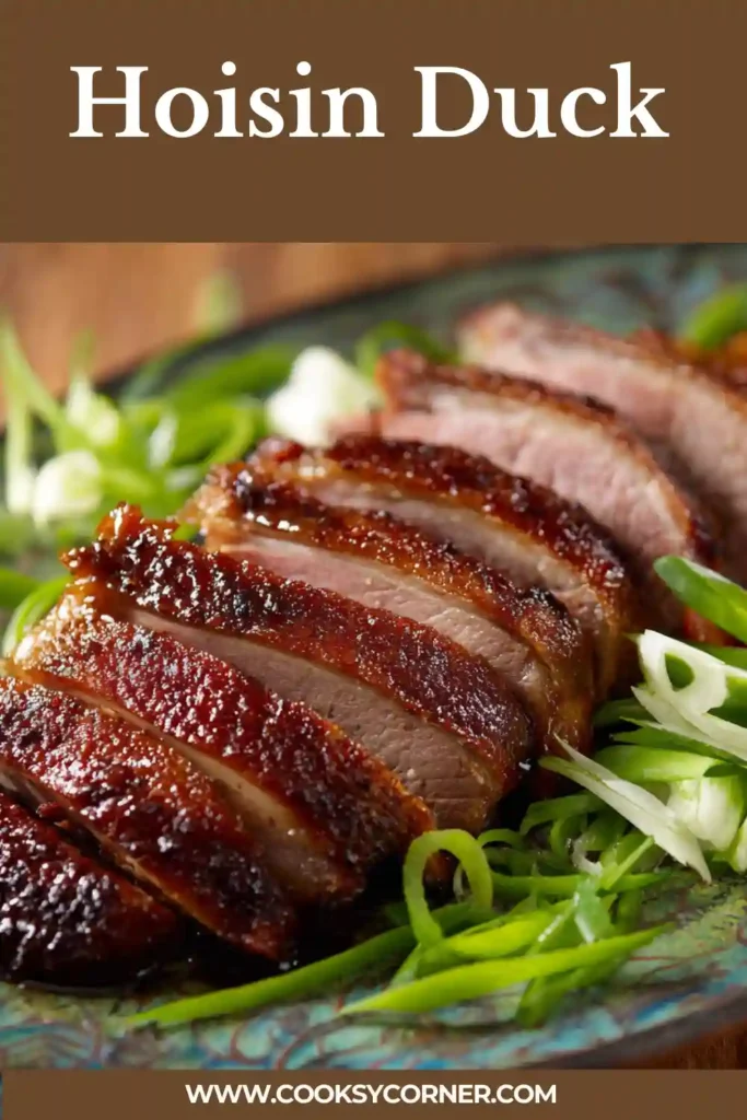 Close-up of crispy hoisin duck with glossy sauce drizzle and fresh spring onions. The duck breast is perfectly roasted with caramelized edges.
