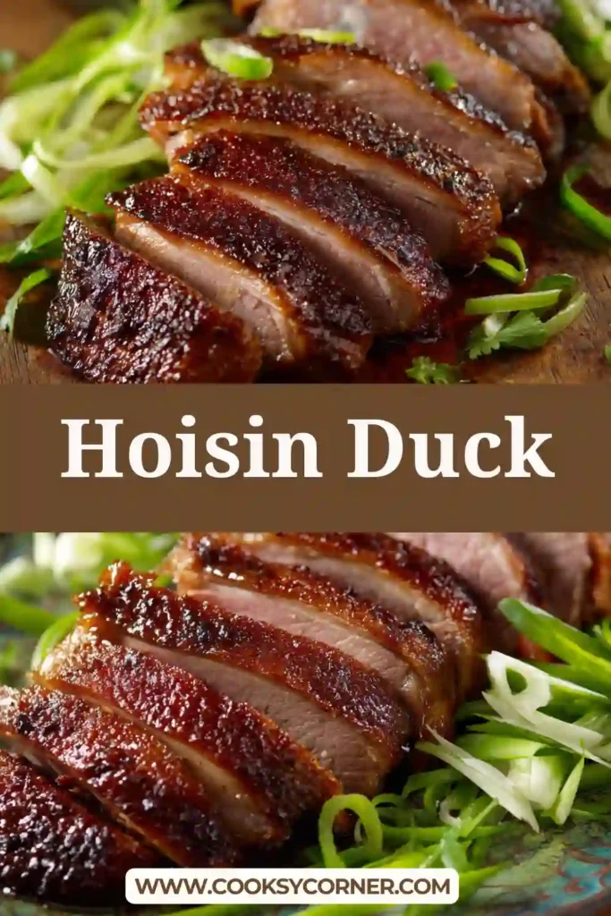 Oven roasted hoisin duck breast sliced thinly and arranged beside shredded cucumber and green onions for wrapping. Crispy skin contrasts with juicy pink center.