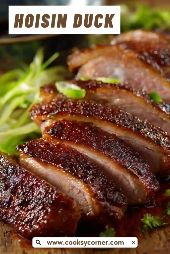 Sliced hoisin duck breast with crispy golden skin served with Chinese pancakes, spring onions, and cucumber on a white plate. The sweet savory glaze shines on the tender meat.