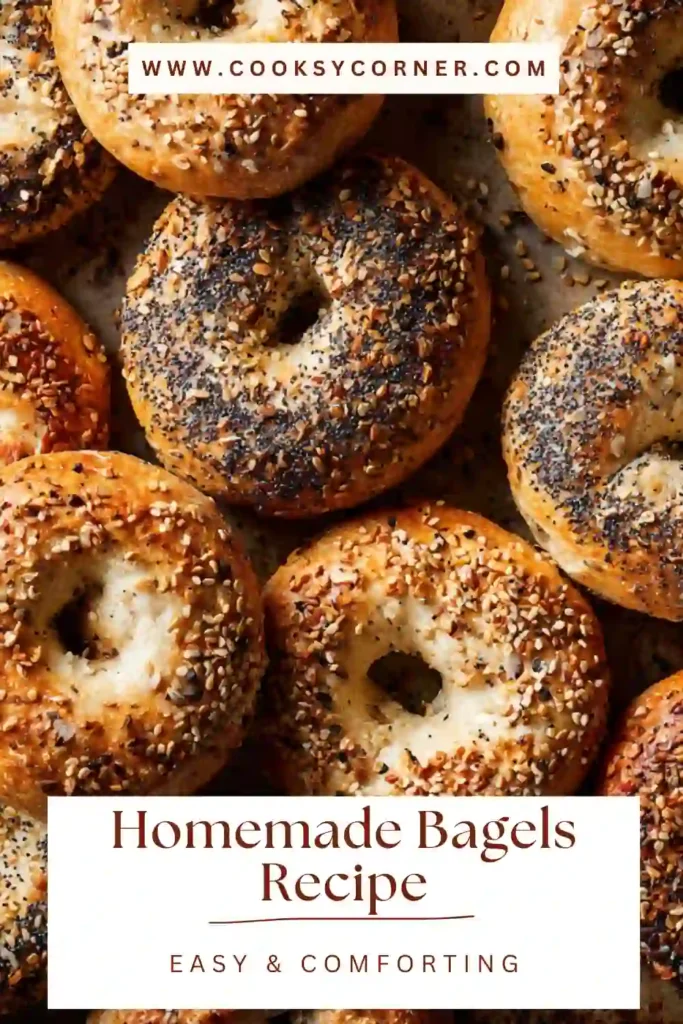 Freshly baked homemade bagels with a golden brown crust cooling on a rack. The bagels look chewy and bakery-style.