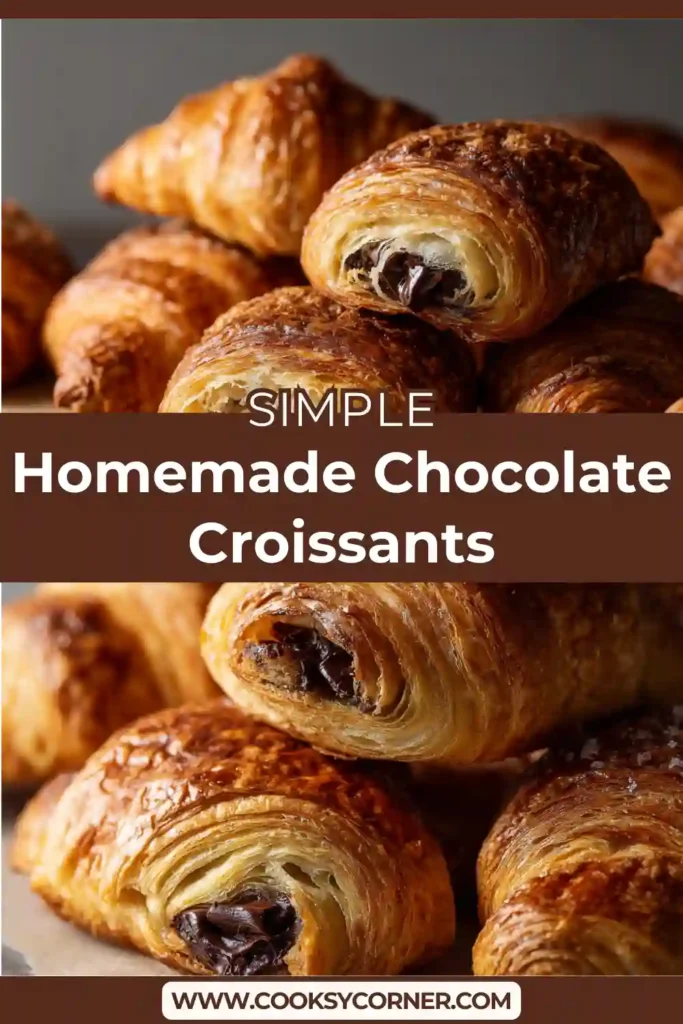 Close-up of flaky chocolate croissants made from scratch.