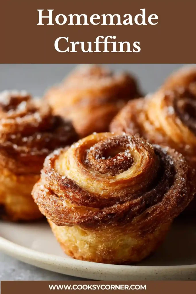Close-up of flaky cinnamon sugar cruffins.
