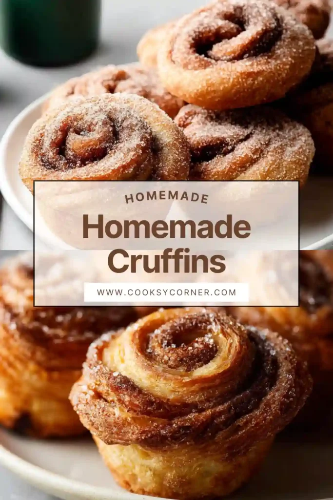 Homemade cruffins with flaky layers and cinnamon sugar topping.