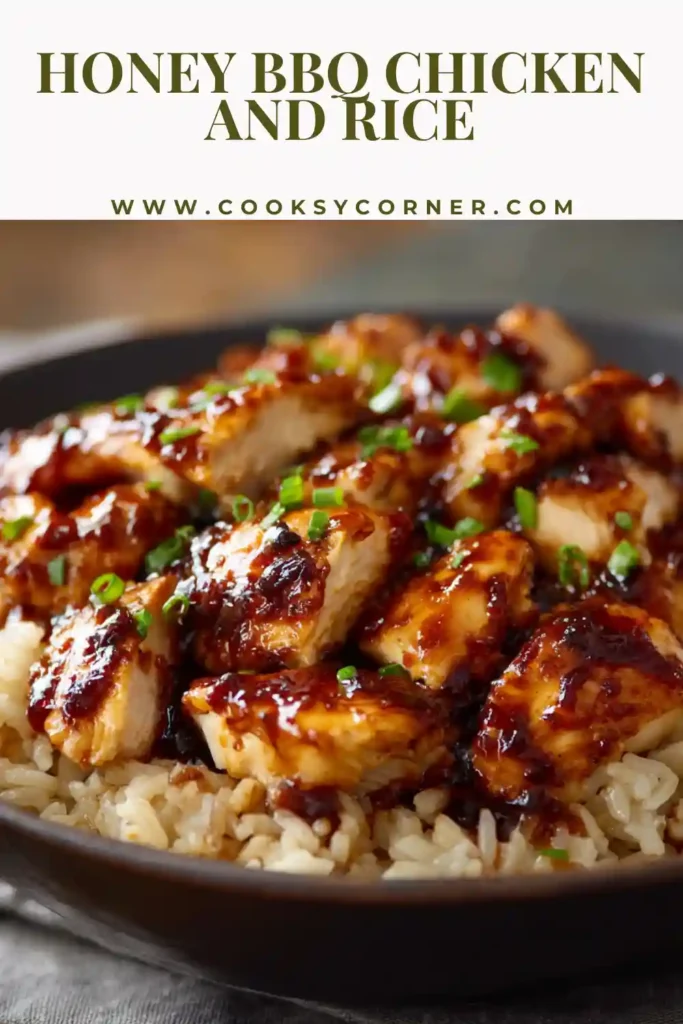 One pan Honey BBQ Chicken and Rice with colorful vegetables.