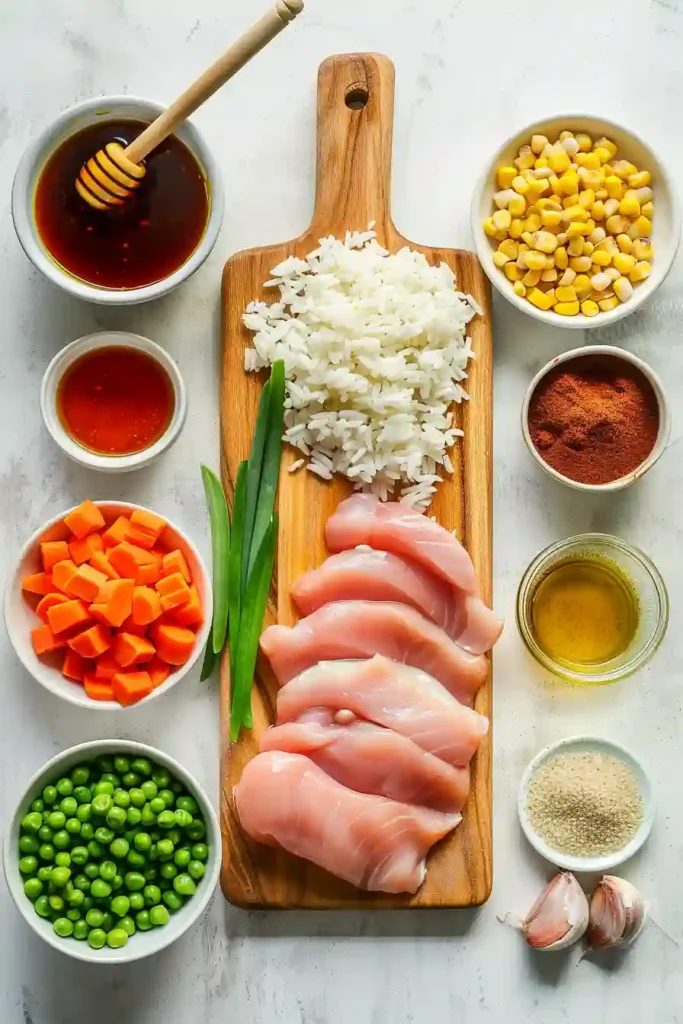 Skillet chicken and rice coated in rich BBQ honey sauce.