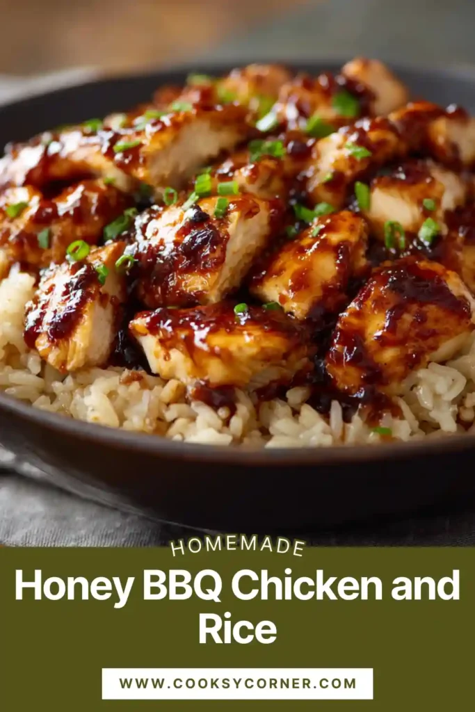Close-up of sweet and smoky honey BBQ chicken over fluffy rice.