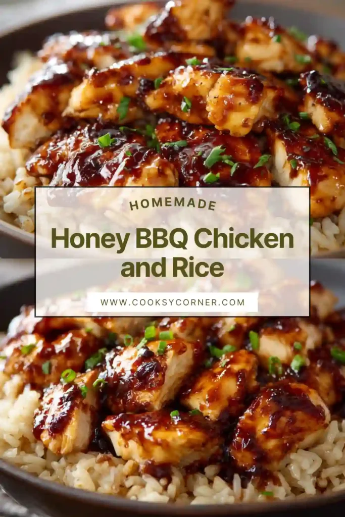 Honey BBQ Chicken and Rice served in a skillet with mixed vegetables and green onions.