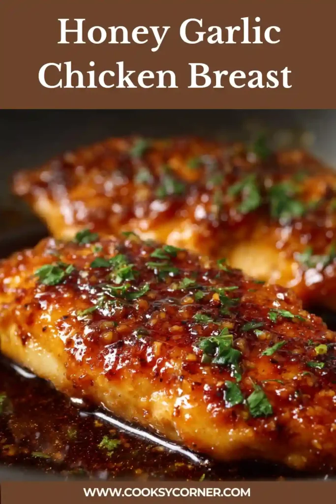 Close-up of honey garlic chicken breast coated in sticky garlic sauce. A quick and delicious chicken dinner.