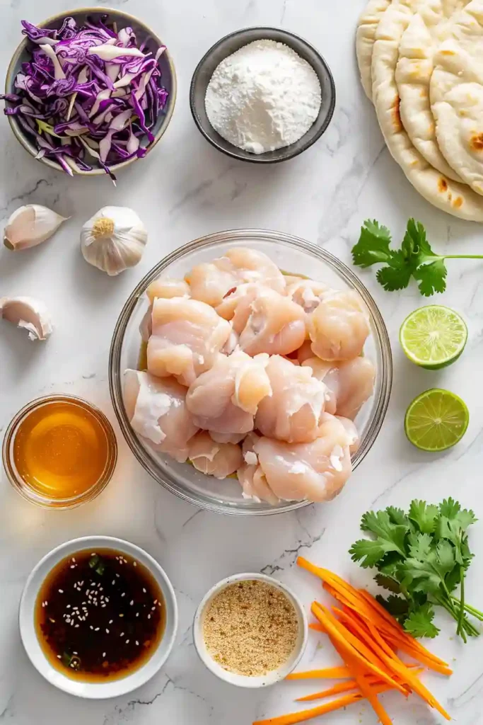 Honey garlic chicken tacos garnished with lime wedges and chopped cilantro.