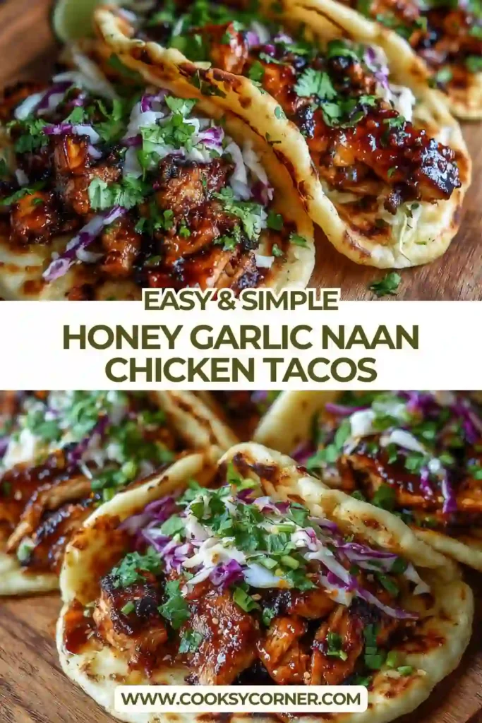 Close up of sweet and savory honey garlic chicken served on soft garlic naan with crunchy slaw.