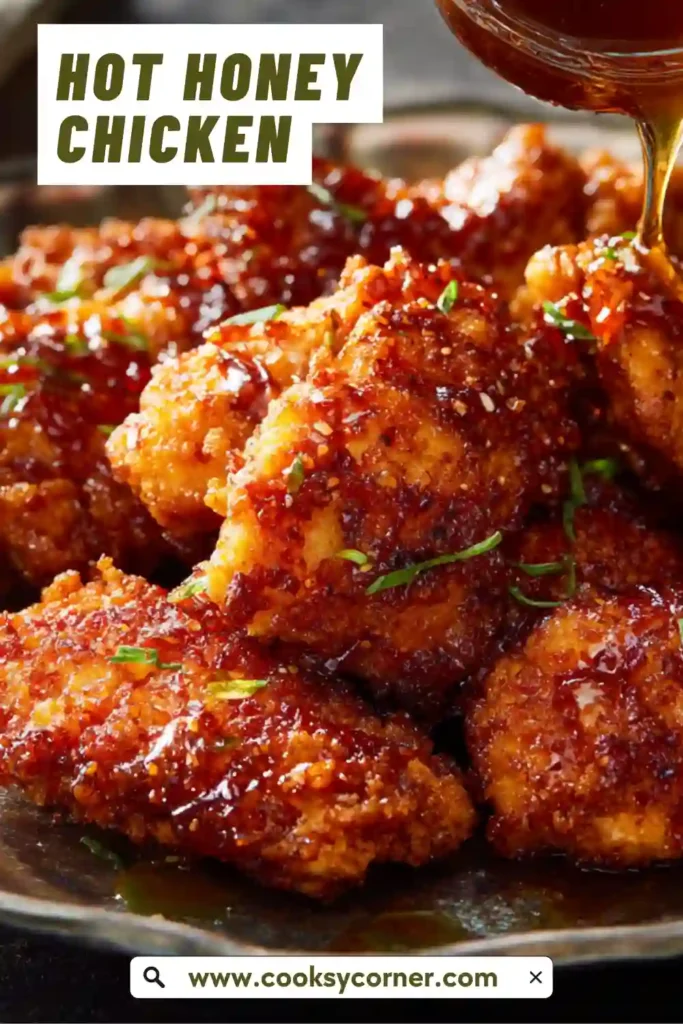 Close-up of hot honey chicken with crunchy coating.