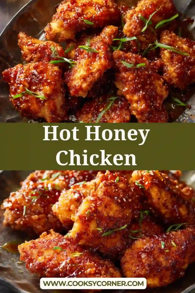 Golden fried chicken coated in hot honey sauce.