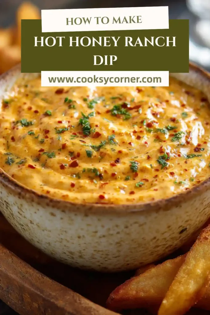 Close-up of Hot Honey Ranch dip with visible chili flakes and herbs, perfect for dipping chicken and fries.