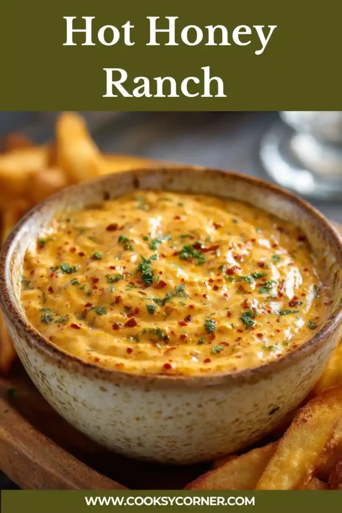 Homemade Hot Honey Ranch sauce in a small serving bowl with honey drizzle and fresh dill garnish.