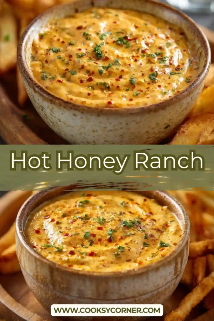 Bowl of creamy Hot Honey Ranch topped with red pepper flakes and fresh dill, showing smooth sweet and spicy ranch texture.