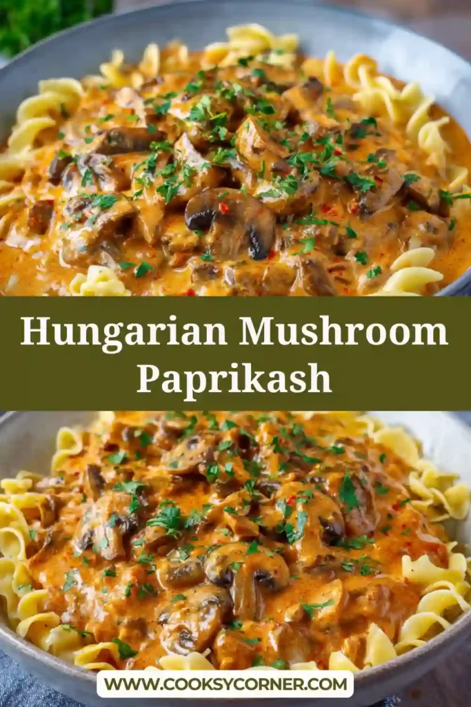 Close-up of creamy mushroom paprikash with tender beef and red bell peppers.