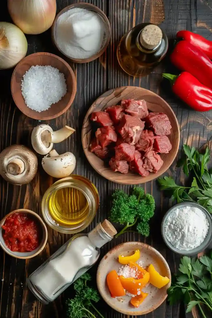 Creamy paprika mushrooms and beef cooked in a skillet and garnished with fresh parsley.