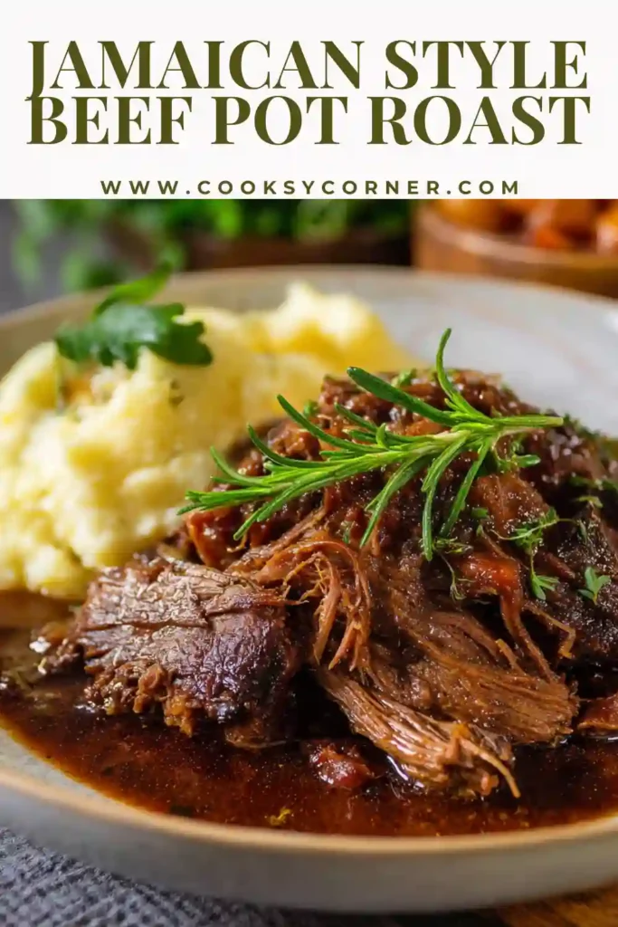Tender Jamaican pot roast sliced and covered in thick savory gravy.